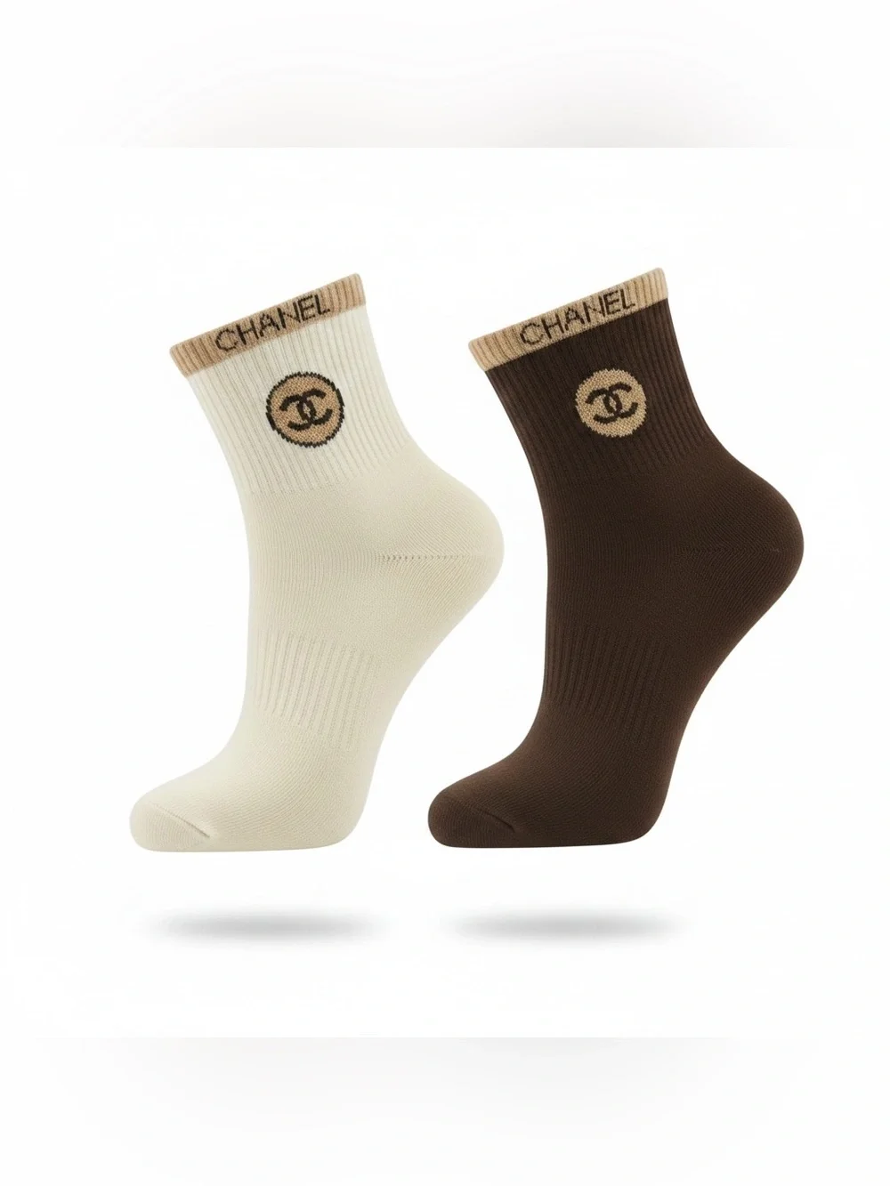 Designer 2 pairs Two-Tone Crew Socks iCream Brown Logo size small- medium NEW